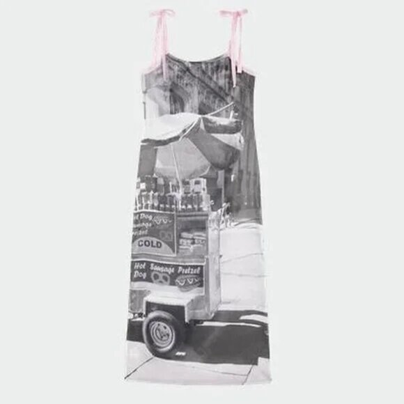 NWT Basic Pleasure Mode Bowtie City Print Satin Dress - Picture 1 of 14